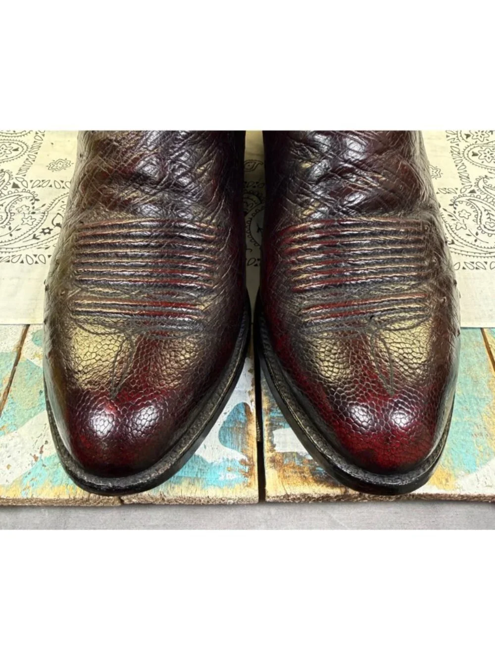 VTG Lucchese Classics Ostrich Cowboy Boots Men 12D Black Cherry Embossed Stitch